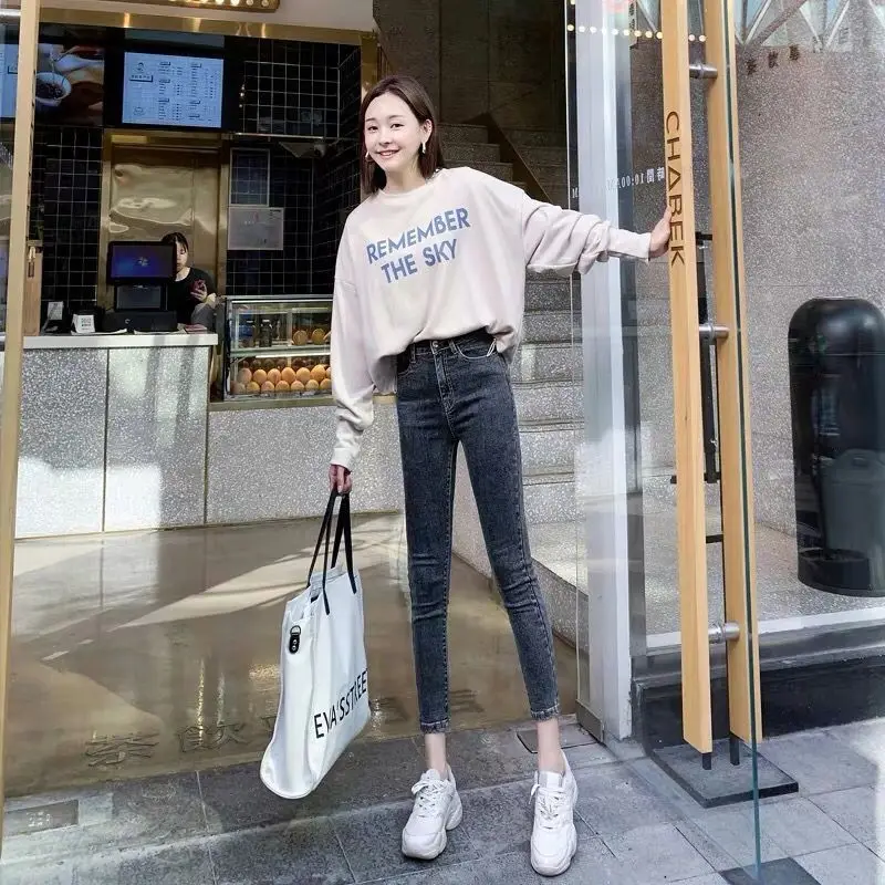 Nine-point Tight Pencil Pants Blue-gray Elastic High Waist Jeans Women's Skinny Feet Pants Boyfriend Jeans Women Straight Pants