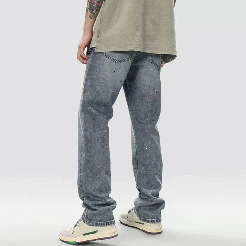 American Street Fashion Men Jeans Retro Blue Painted Designer Ripped Jeans Men Straight Trousers Casual Loose Denim Pants Hombre