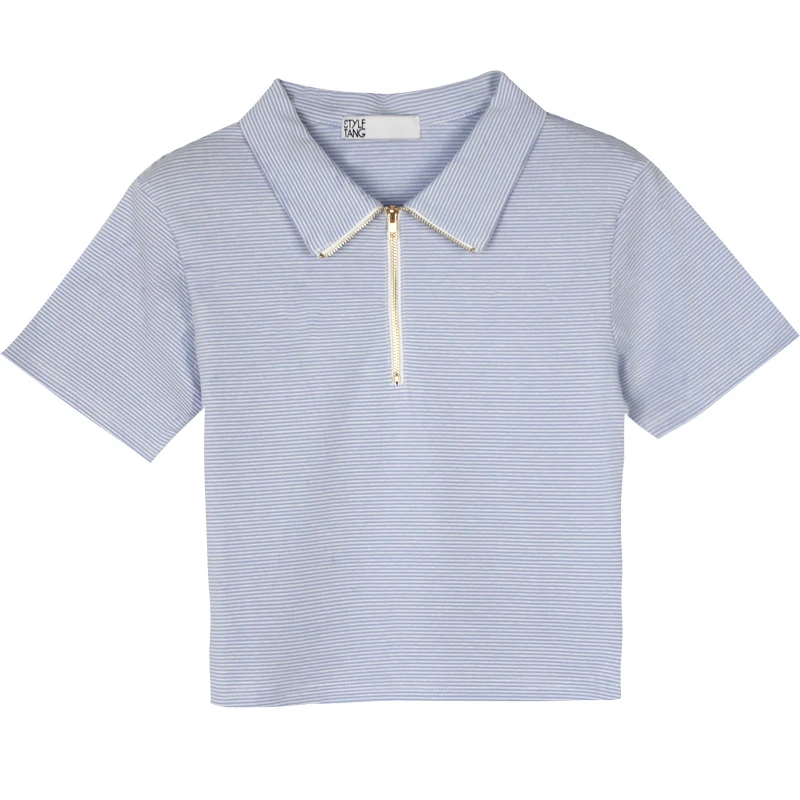 

American Retro BM Zipper Polo Lapel Half-Open Collar T-shirt Blue Striped T-shirt Shory Style Slim Top