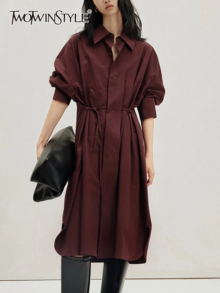 

Женское однотонное платье TWOTWINSTYLE, винтажное платье составного кроя со складками, шнуровкой, отложным воротником и длинными рукавами