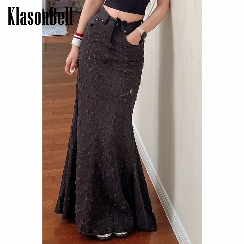 

7.13 KlasonBell Fashion Hole Frayed Slim Denim Trumpet / Mermaid Skirt Women