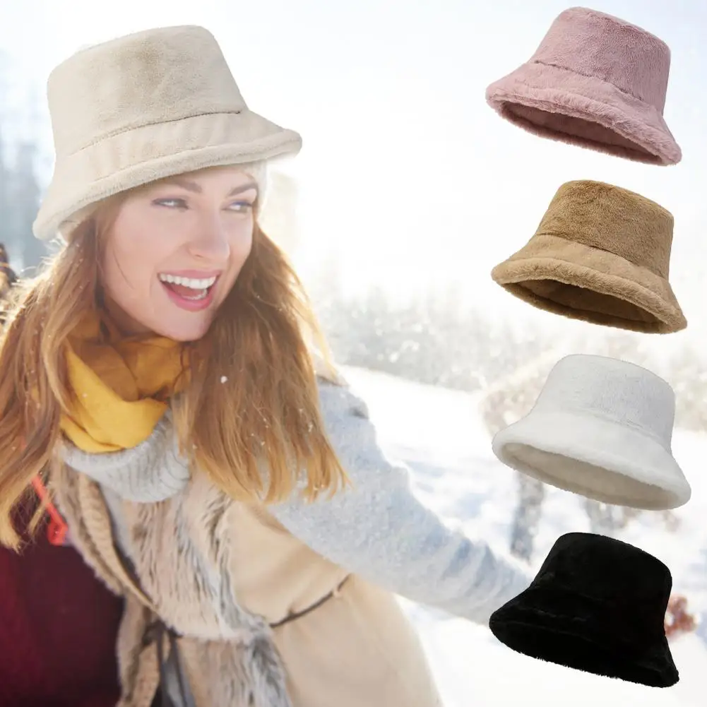 

Plush Warm Hat for Women Short Brim Flat Top Fashion Accessories Keep Warm Thicken Fluffy Faux Fur Fisherman Hat for Outdoor