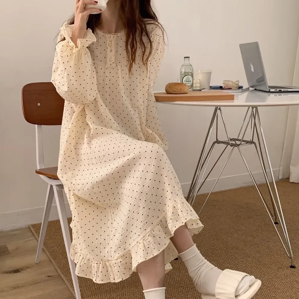 

Long Round Pullover Print Soft Ruffle Neck Kawaii Women's Korean Nightdress Fashion Sleeved Style Pajamas for Women Nightgown