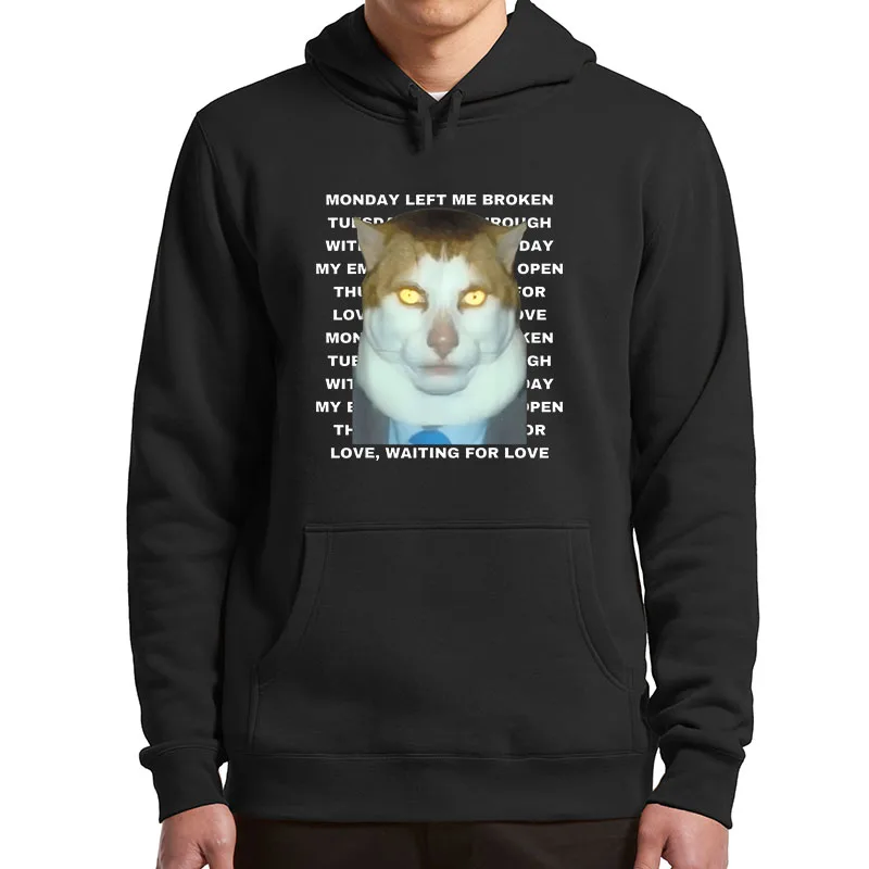 

Monday Left Me Broken Cat Hoodies Funny Cats Meme Hooded Sweatshirt Unisex Soft Casual Y2k Pullovers