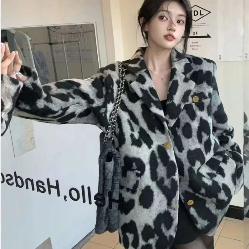 Шерстяной пиджак с леопардовым принтом осень-зима 2024 новый женский элитный