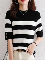 button striped sweater women sweater 2022 summer thin mujer ladies knitted tops casual woman clothing short sleeve pullover top