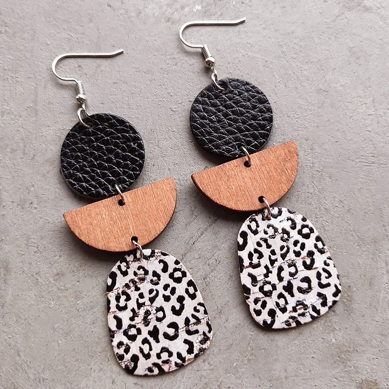 

Geometric Semicircle Wood Cork Printed Leather Dangle Drop Earrings for Women Chic Vintage Wooden Cork Earrings Girl Wholesale