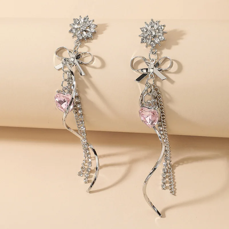 

European and American Women's Rhinestone Love Heart Flowers Bow Eardrops Ins Tassel Earrings Wholesale