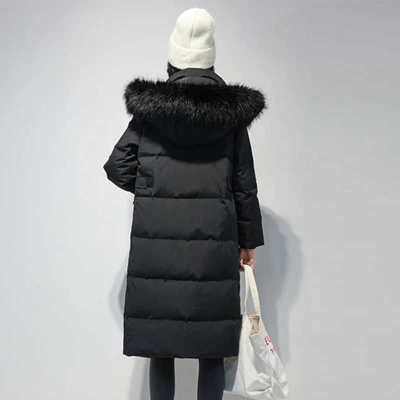 Down Jackets Female Winter 2022 New Thickened Big Hair Collar Long Knee Loose Pure Color Thin Warm White Duck Down Coats Women