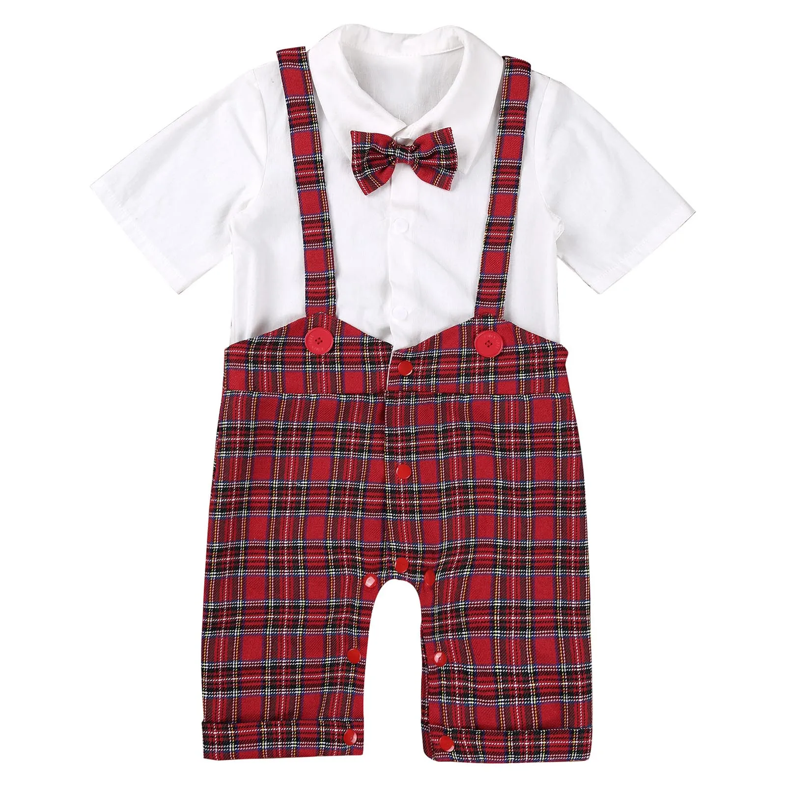 

Baby Boys Gentleman Clothing Short Sleeve Turndown Collar Button Closure Fake Two-piece Suspender Style Christening Bodysuit