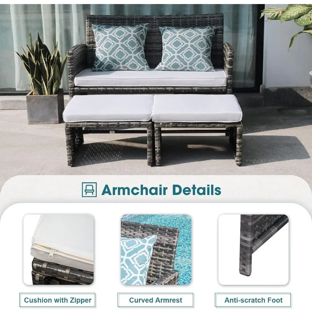 Уличная двухместная мебель для патио набор бесед из ротанга с пуфиком белыми