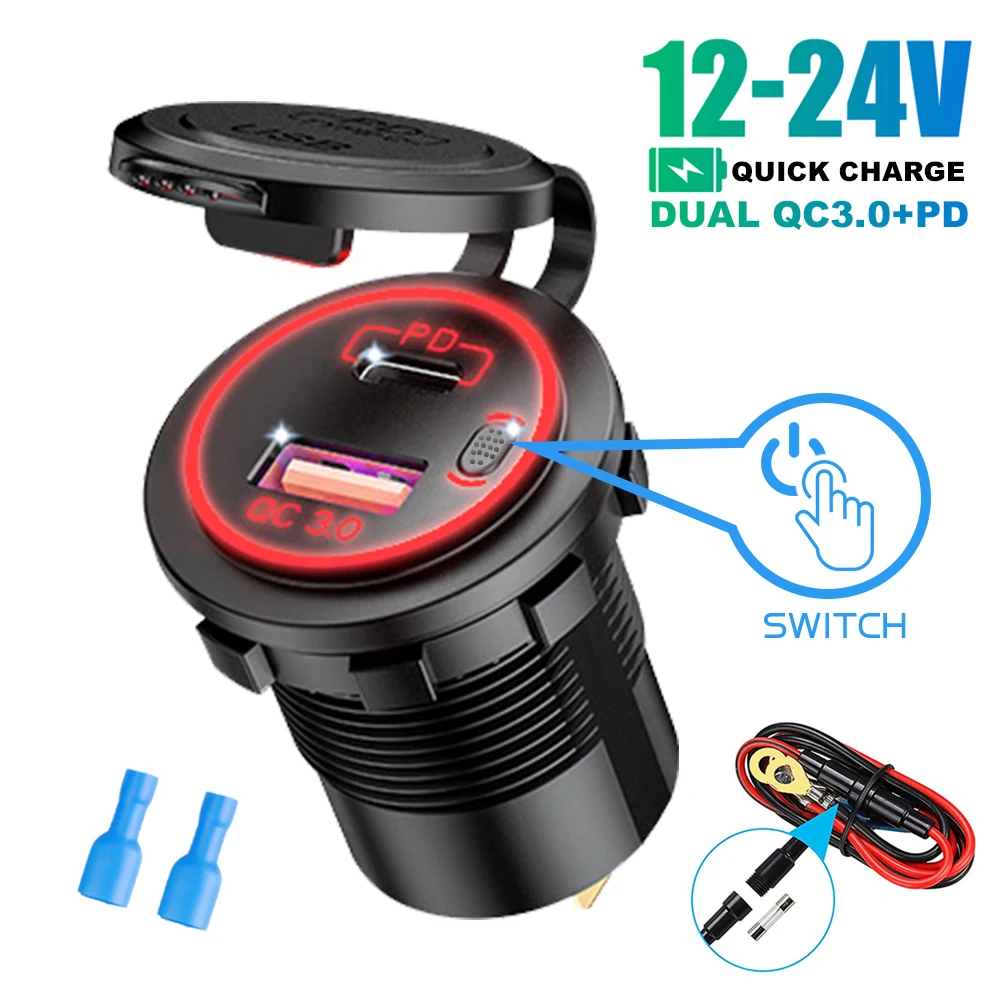 

QC3.0 PD USB автомобильное зарядное устройство водонепроницаемое с переключателем вольтметра адаптер быстрой зарядки 12/24 В розетка прикуривателя автомобильные аксессуары