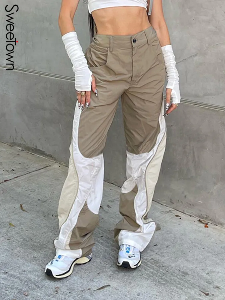 

Sweetown Contrast Stitched Patchwork Vintage Baggy Sweatpants Women Casual Loose Hippie High Waist Cargo Pants Streetwear Jogger