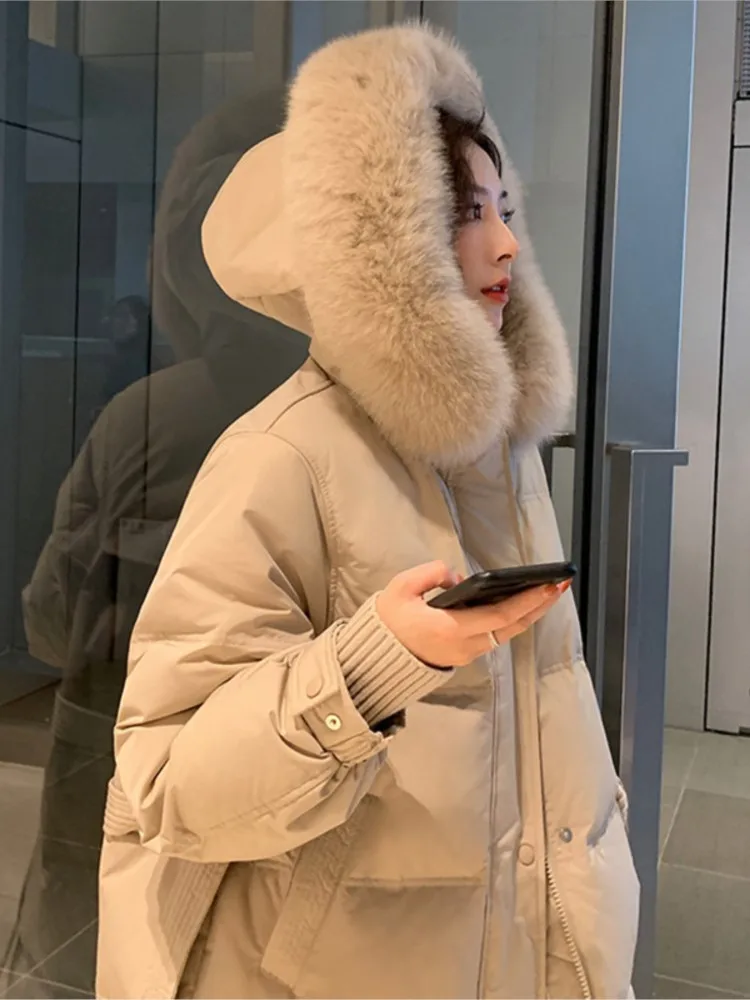 New Winter Quilted Warm Midi Women's Cotton Down Coat Office Lady Elegant Solid Fur Collar Long Overcoat 2022 Fashion