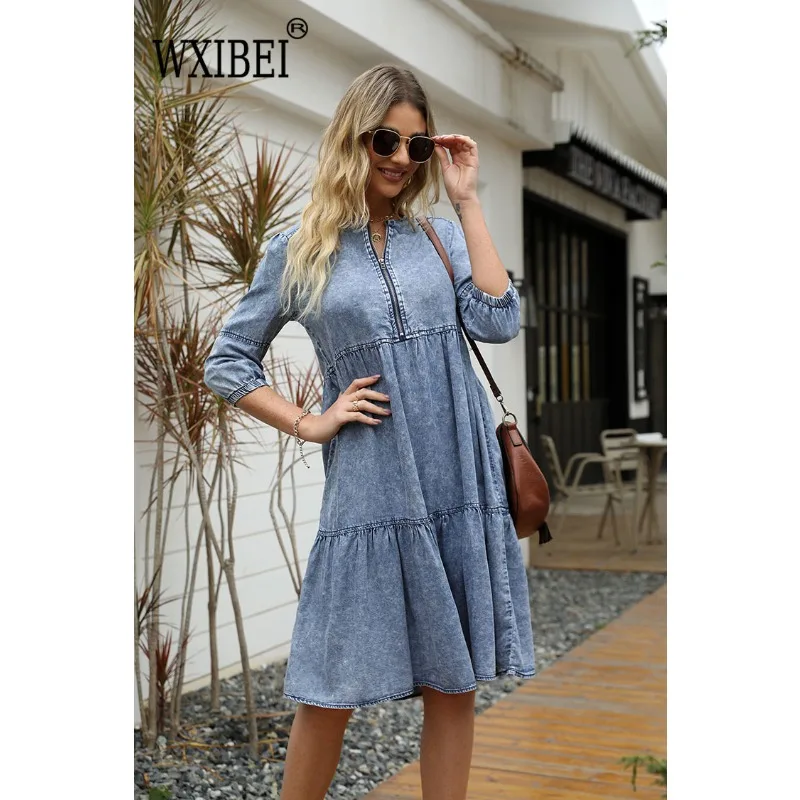

WXIBEI Summer Denim Dress Women Spring Blue O-Neck Vintage Dress Zipper Solid Female Fashion Casual A-line Dress For Women FC920