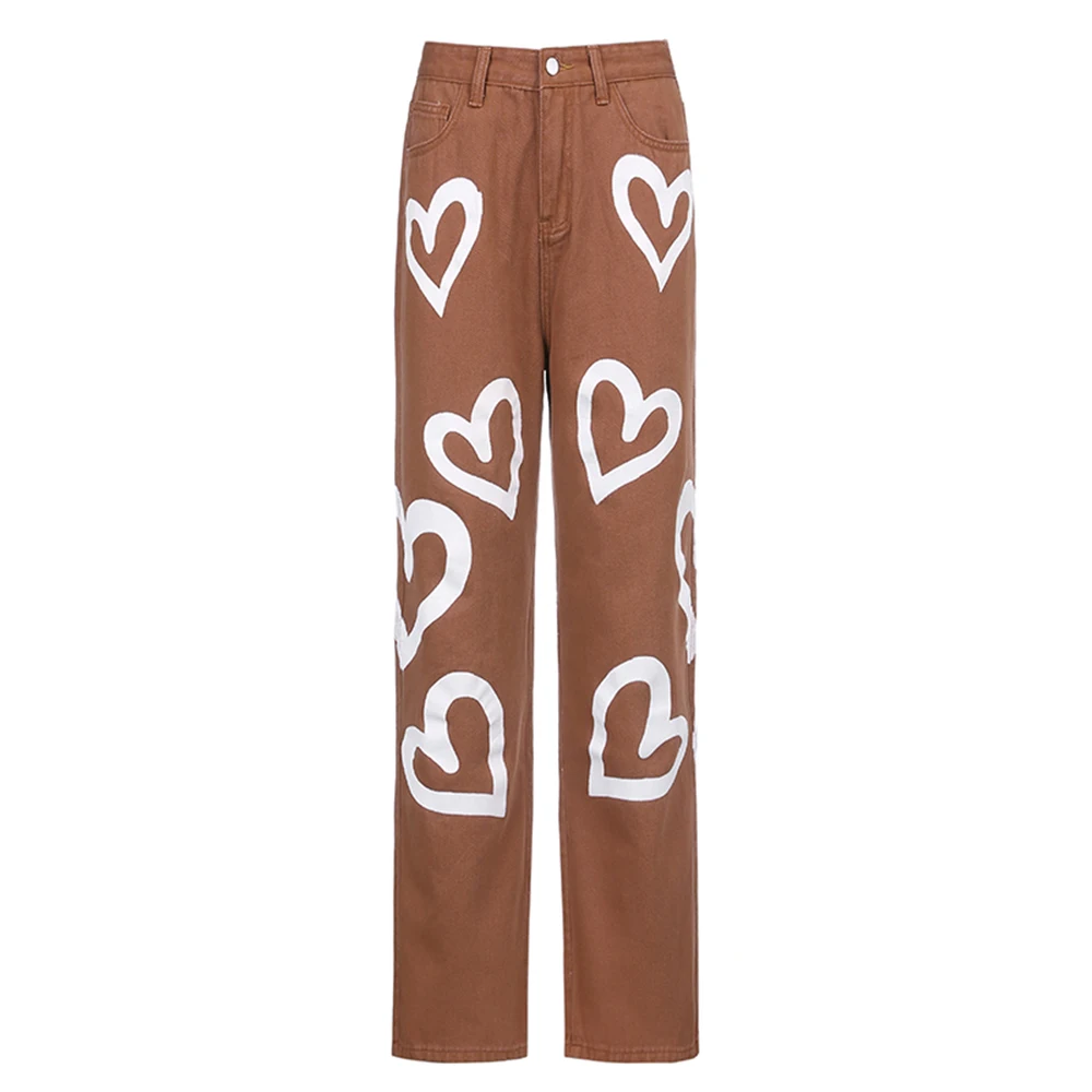 Vintage Heart Printed Baggy Jeans Women High Waist Wide Leg Denim Pants Oversized Brown 2023 Fashion Trousers Denim Streetwear