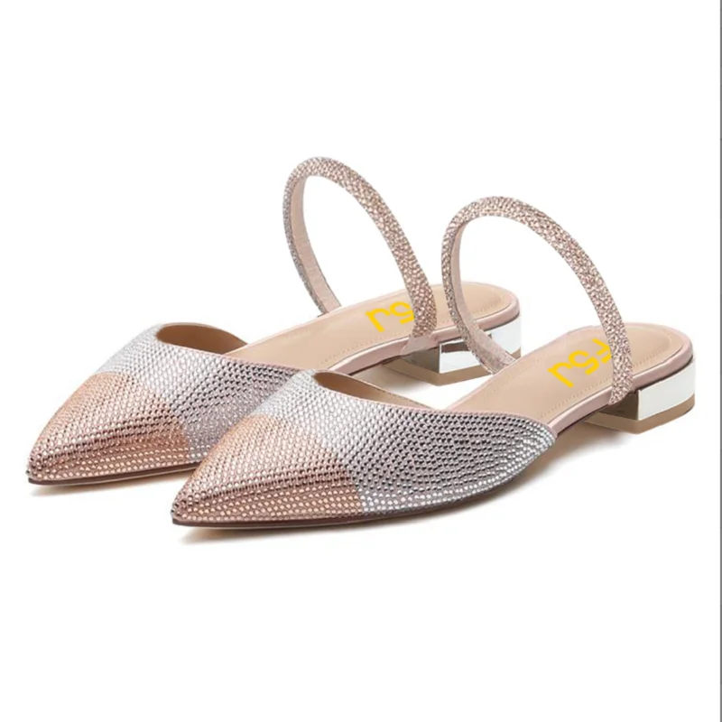

FSJ Women's Glittering Pointed Cap Toe Patchwork Flats Rhinestone Vamp Crystal Thin Strap Slingback Sandals Comfort Casual 15