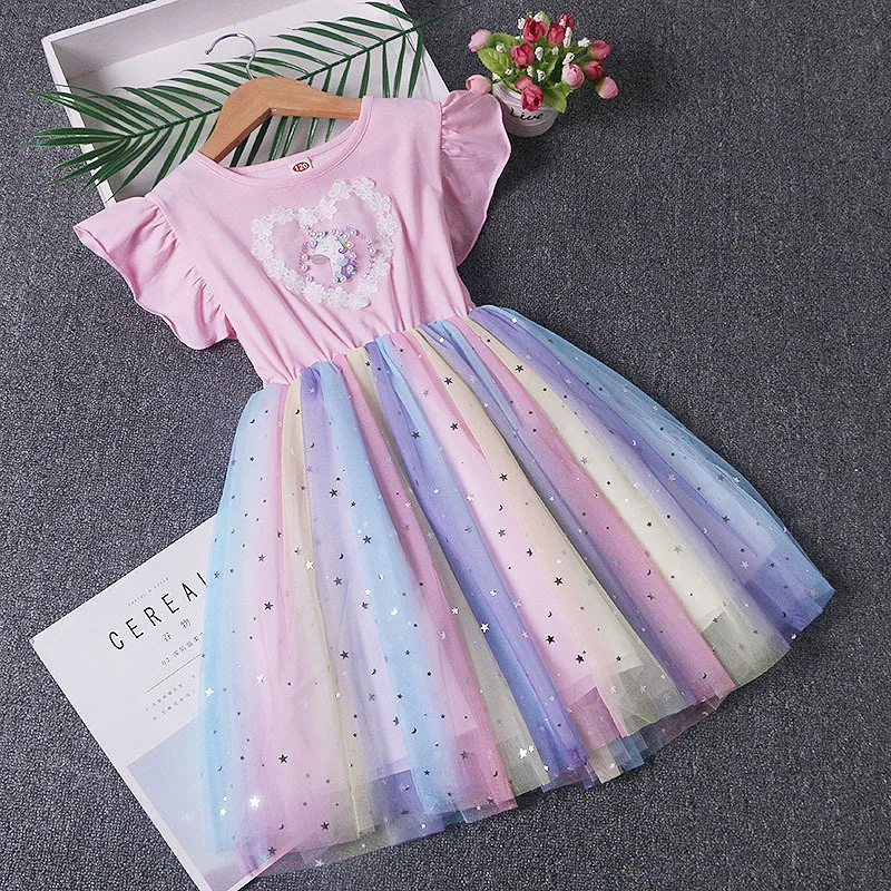 

Unicorn Princess Dress Summer Girls Rainbow Star Birthday Wedding Dresses 4-10 Years Sweet Kids Flower vestidos Children Clothes