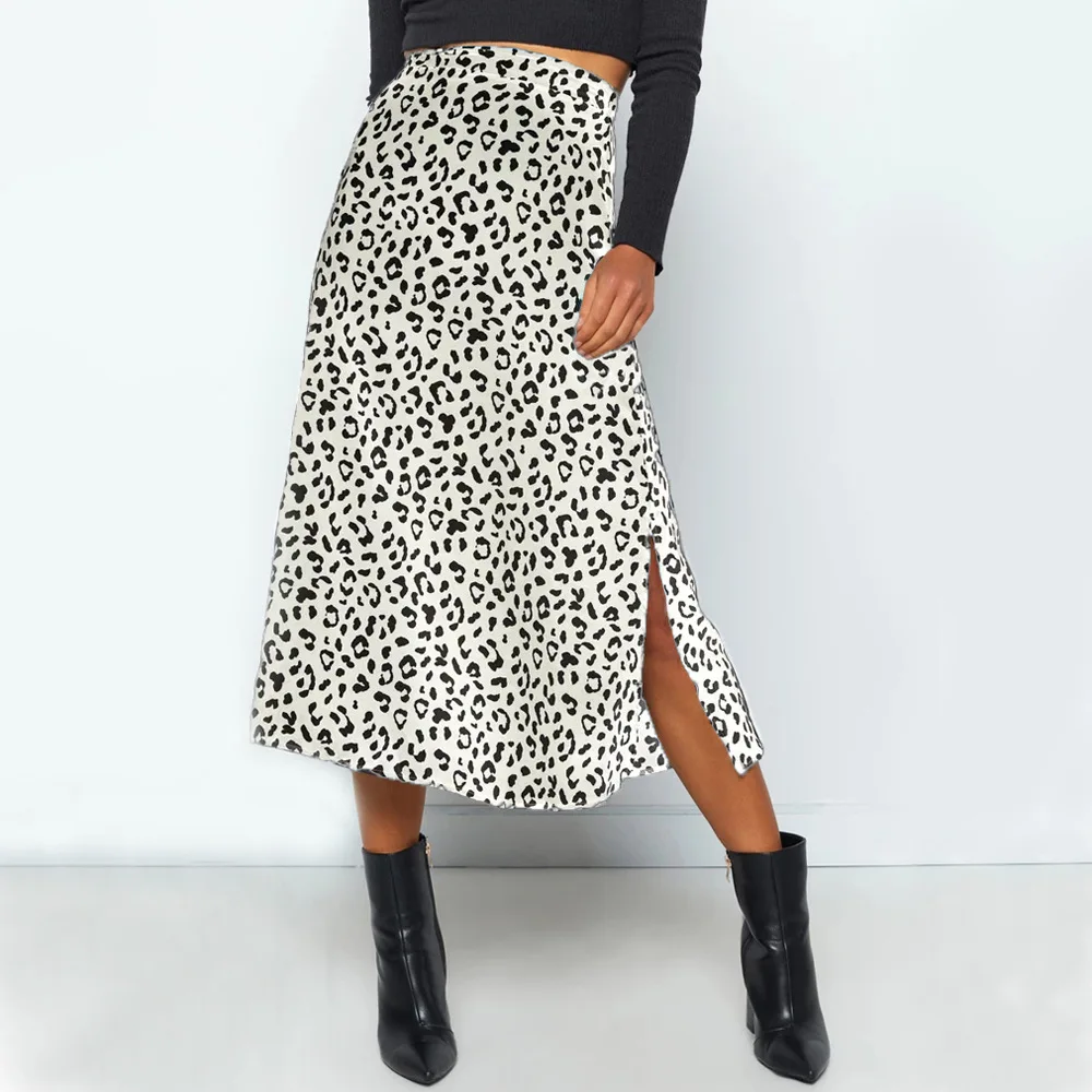 

New Bohemian Women High Waist Plaid Pencil Skirts Leopard Chiffon Print Split Midi Skirt for Ladies White-collar Worker 2022