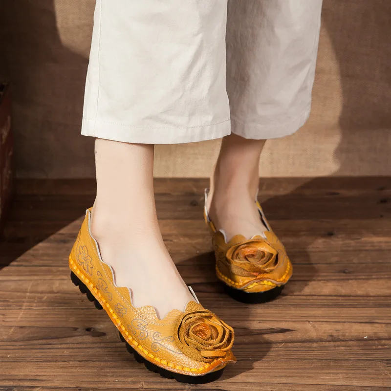 Handmade Rose Flats Shoes For Women Vintage Thick Sole Loafer Womens Luxury Brand Cowhide Leather Shoes Female Slip On Moccasins