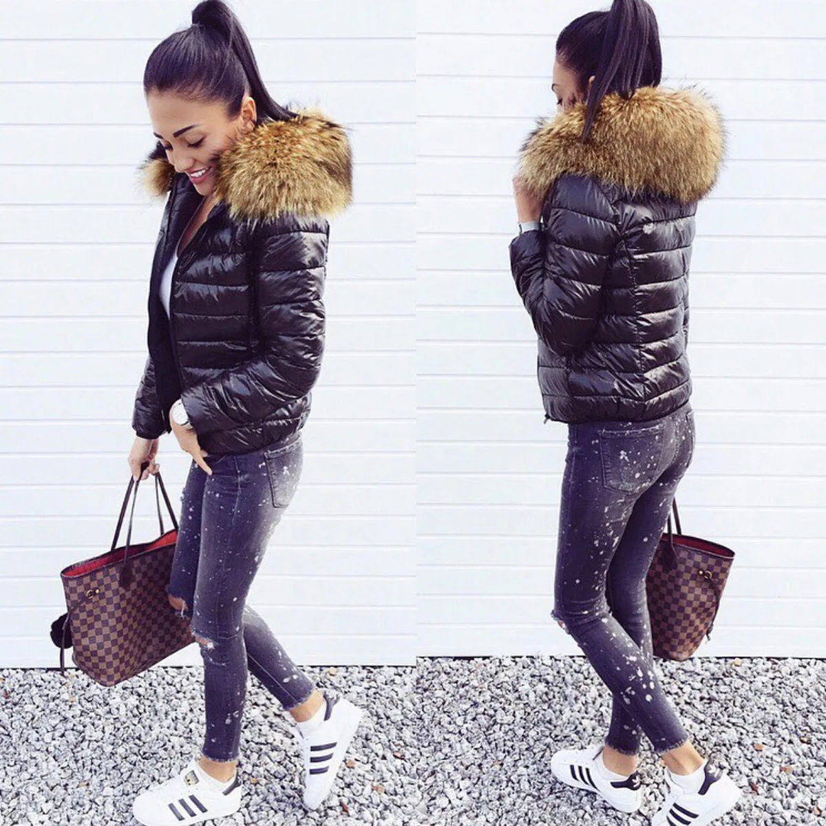 Women's Cotton-Padded Clothing Fall Winter Hooded Warm Imitation Fur Coat Top Women Faux Fur Coat