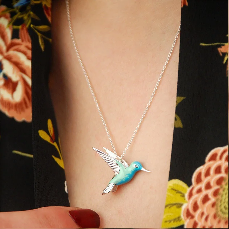 

New Blue Enamel Hummingbird Pendant Necklace For Women Cute Animal Rhinestone Bird Link Chain Neckalce Wedding Jewelry Gift