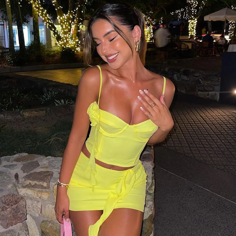 

Zoctuo Ruffle Long Sleeve Solid Lace Up Sexy Slim Crop Top Appliques Midi Skirt 2 Pcs Set 2023 Spring Cute Streetwear Party