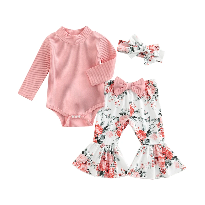 

Bmnmsl Baby Girls Spring Autumn 3Pcs Outfit Sets Long Sleeve High Neck Romper + Floral Flared Pants + Headband