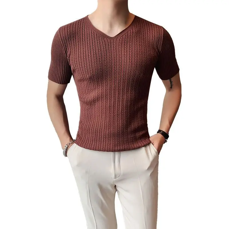 2023 Summer Thin Dark Striped T Shirt Men's Clothes Short Sleeved V Neck Slim Fit Elastic Tee Tops All-match Bottoming Shirt