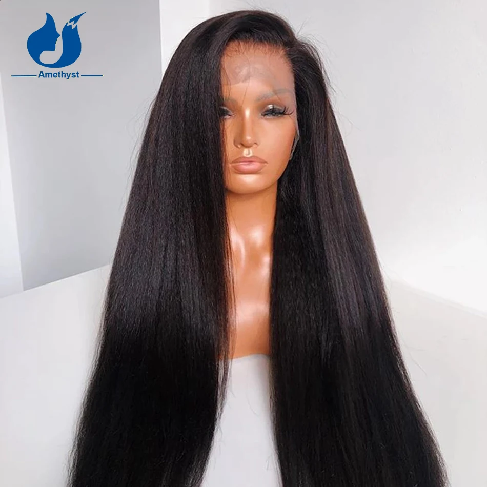 Amethyst 13x6 13x4 Italian Yaki Straight Lace Front Human Hair Wigs For Women 5x5 Lace Closure Wig PU Silk Base Pre Plucked