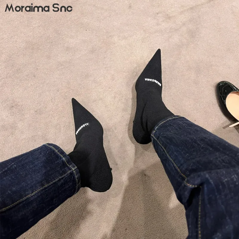 

Black Elastic Knitted Socks Boots Show Thin Mid-Tube Boots French High Heels Sexy Pointed Thin Heel Large Size Ankle Boots