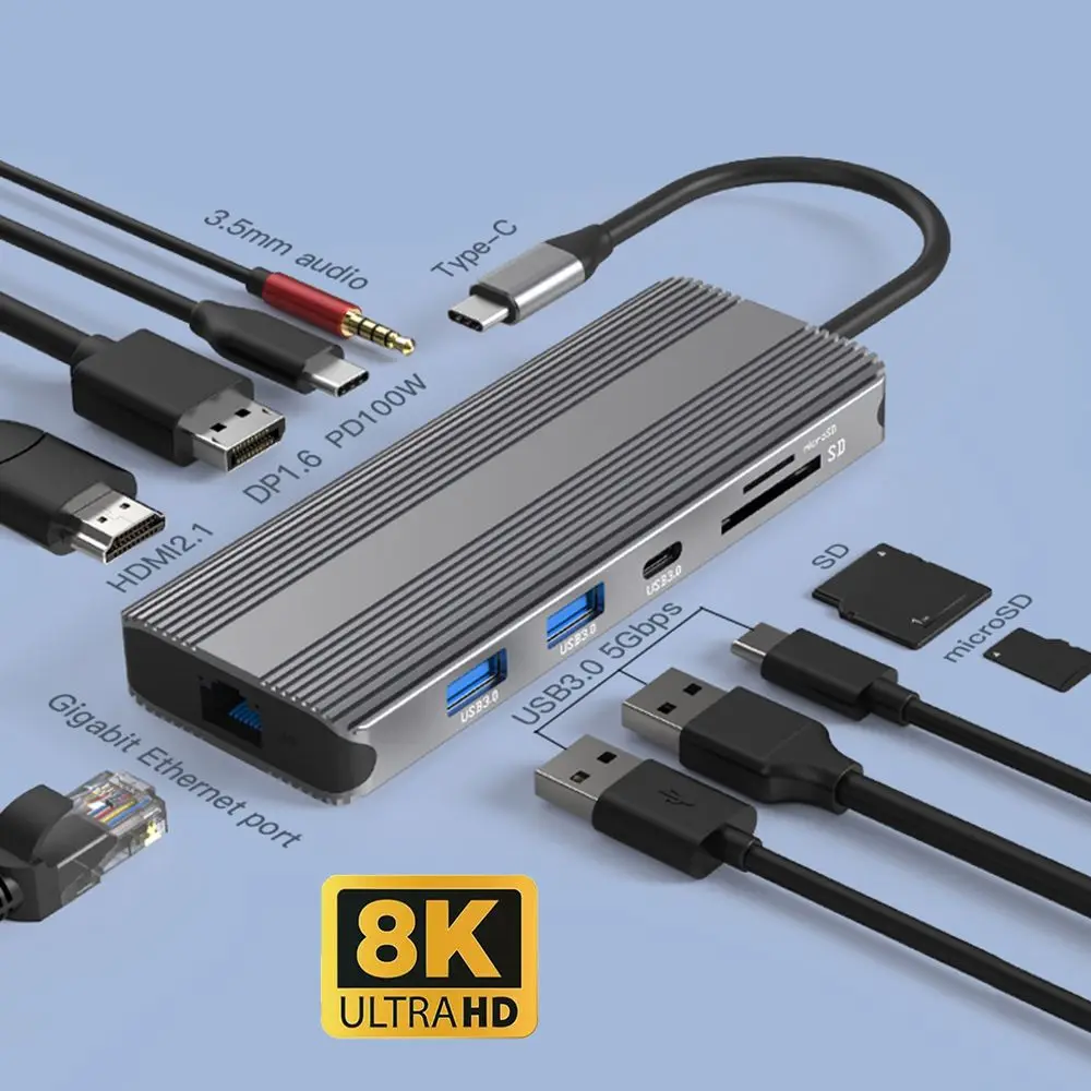 

10 in 1 SD Reader PD Charging USB 3.0 8K DP HDMI USB Type-C Hub Gigabit Ethernet Docking Station For Laptop PC