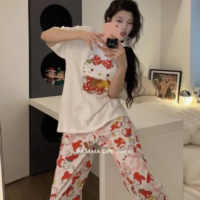 Sanrio милый мультфильм Hello Kitty пижамы женские летние брюки с короткими рукавами