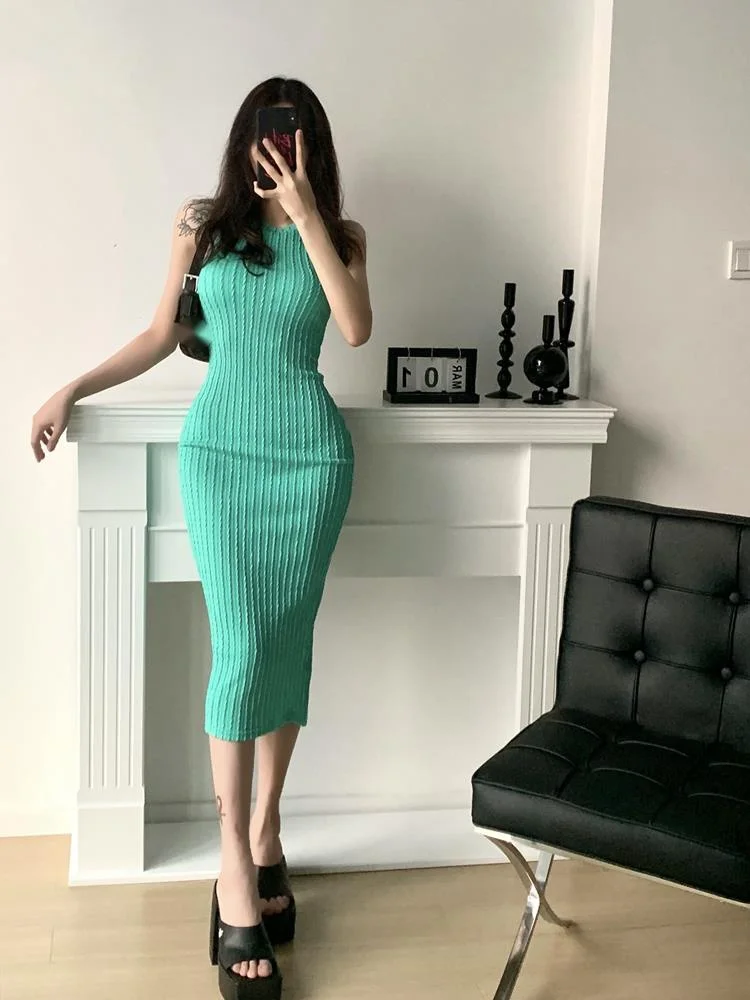 

Hanging Neck Green WOMENGAGA Knitting Fahsion Slim Hot Sexy Maxi Long Dresses O Neck Robe Summer Tops 2022 Summer 6TQ9
