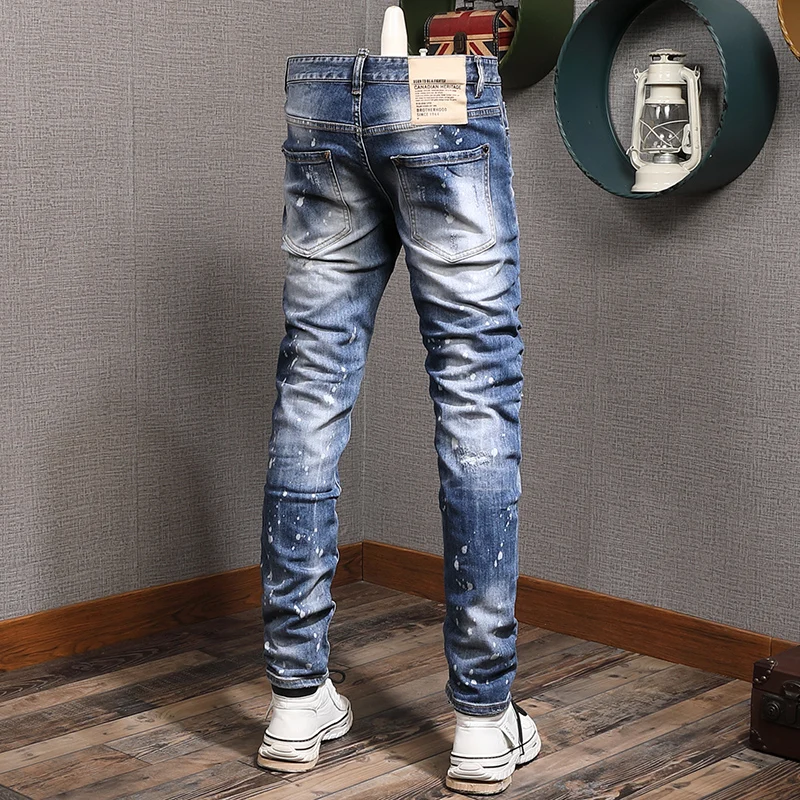 Street Fashion Trousers Men Jeans Retro Blue Elastic Slim Fit Hole Ripped Jeans Men Painted Designer Hip Hop Brand Pants Hombre