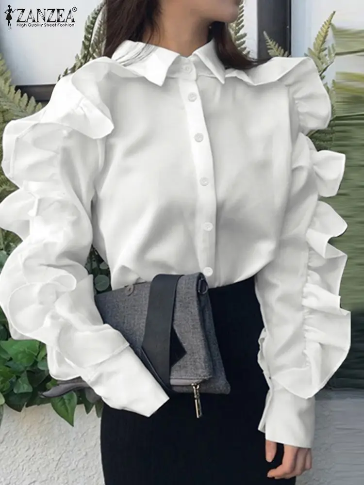

2022 Fashion Solid Tops ZANZEA Spring Elegant Blouse For Women Holiday OL Long Sleeve Camisas Oversize Casual White Ruffle Shirt