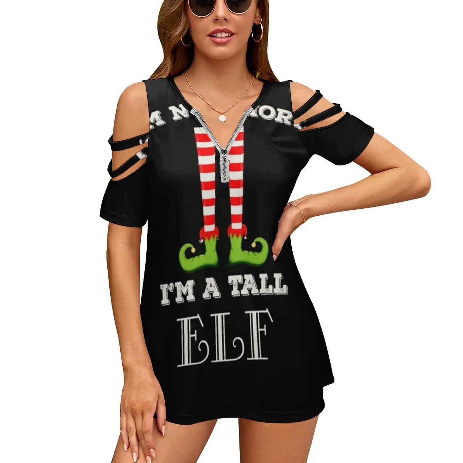 

I'M Not Short I'M A Tall Elf Funny Christmas Short People Women'S T-Shirt New Fashion Printed Zipper V-Neck Short Sleeve T