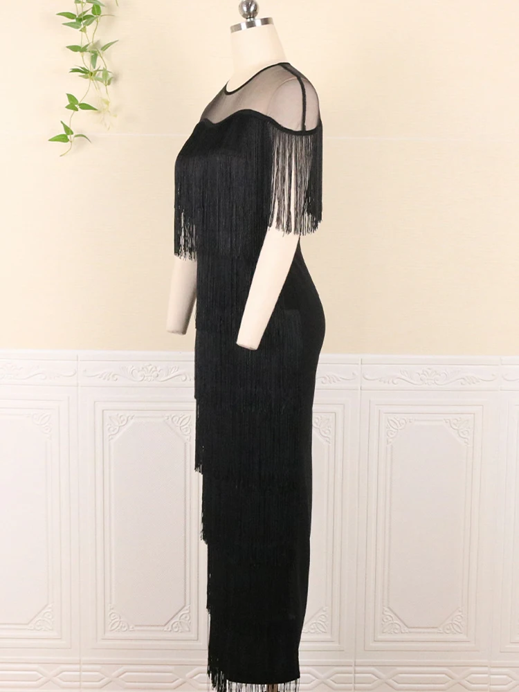 2022 Plus Size Elegant Tassel Long Dresses Bodycon Tulle Patchwork Curvy Women Clothes Birthday Evening Party Event Gowns Dress