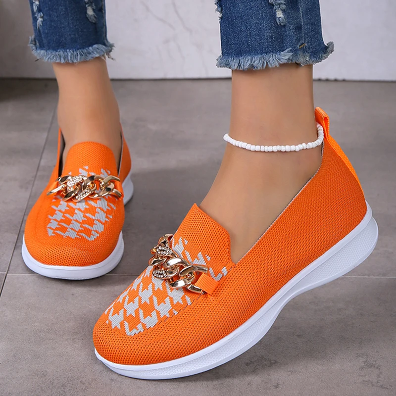 

Chain Decor Orange Loafers Womens Shoes 2023 Autumn Breathable Knitted Casual Flat Shoes Woman Light Slip-On Walking Sneakers