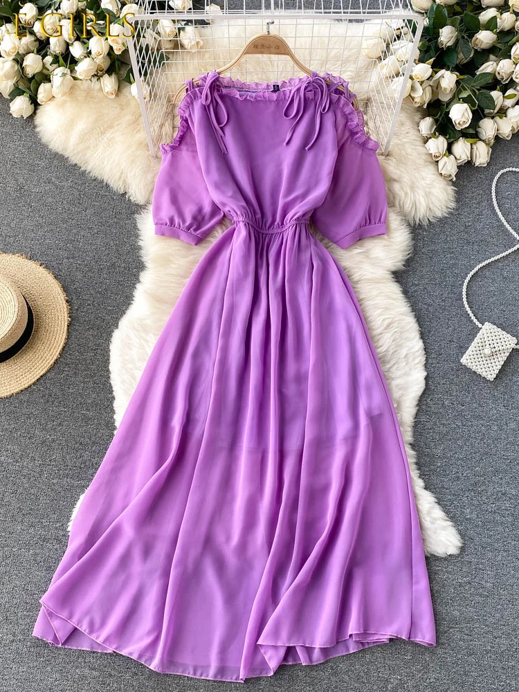 

E GIRLS Summer Sexy Bandage Chiffon Dress Women Elegant Off High Waist A-Line Party Vestidos Purple/Red/Black Midi Robe New