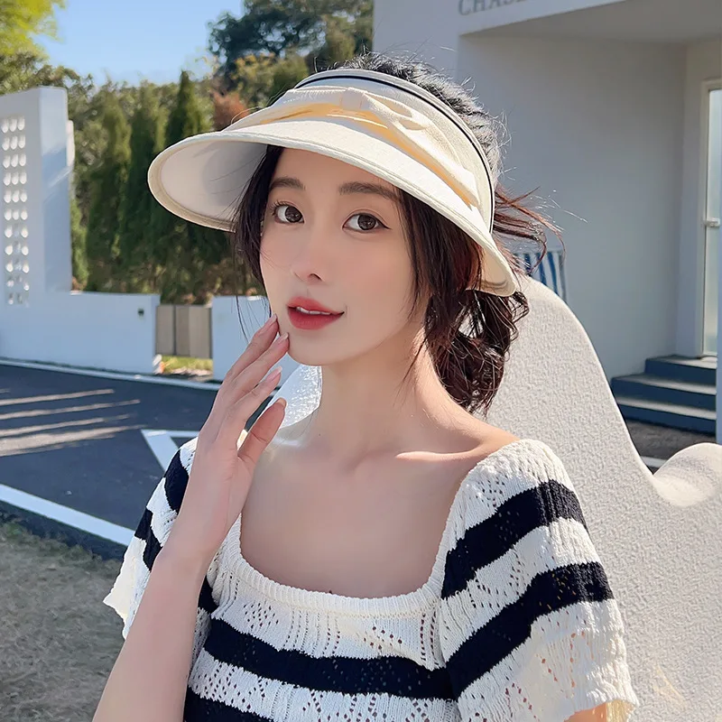 

Linen Bow Visor Black Glue Summer Women UV Protection Wide Brim Empty Top Cap Ladys Travel Holiday Beach Sunscreen Ponytail Hat
