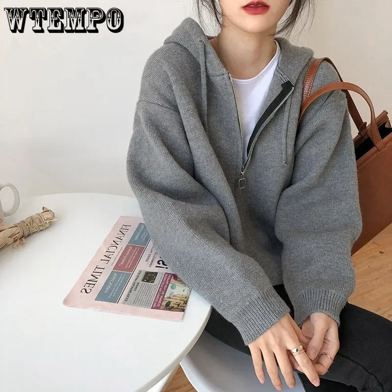 

WTEMPO Zip Hooded Cardigan Cashmere Knitting Coat Women's Lazy Style Casual Sweater Autumn and Winter Loose Pulls Crop Tops