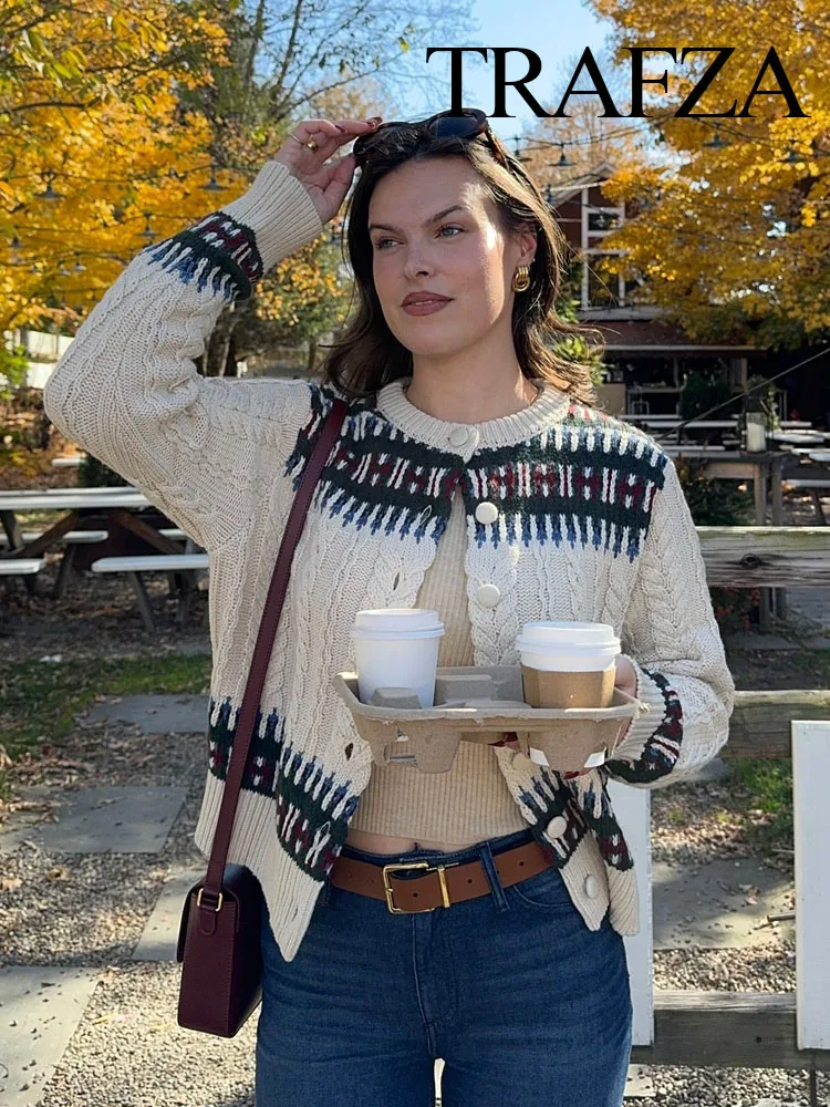 TRAFZA женская осенняя элегантная жаккардовая лоскутная вязаная куртка с длинными