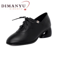 dimanyu women spring shoes genuine leather 2022 new square toe fashion dress shoes ladies mid heel lace up shoes women