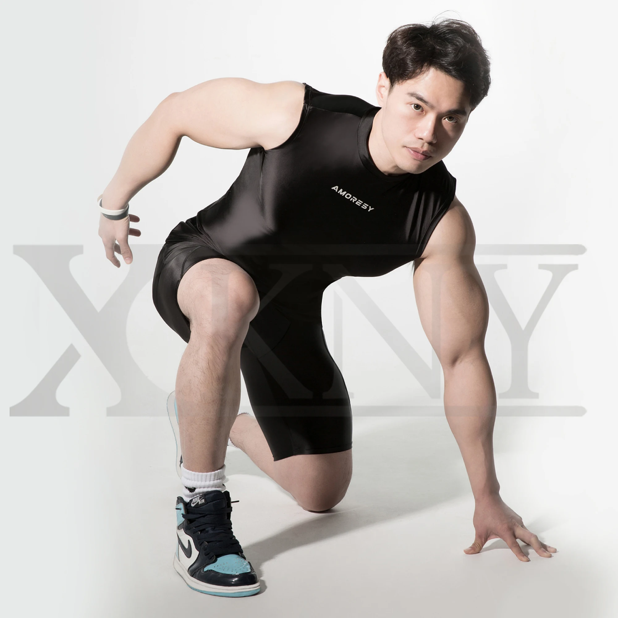 

XCKNY men New silky shiny sexy vest and tights oily luster fitness vest casual shorts swimming Yoga glossy Pants