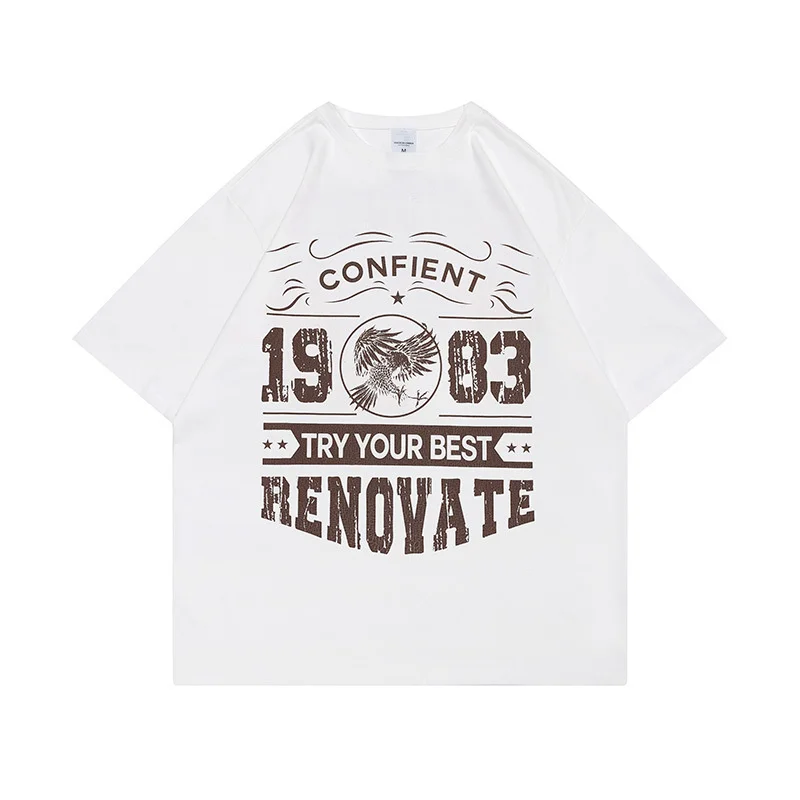 

Summer Letter Print Short Sleeve T-shirt Mens Crew Neck Cotton Tee Streetwear Retro Loose Casual Men Tops Tshirt