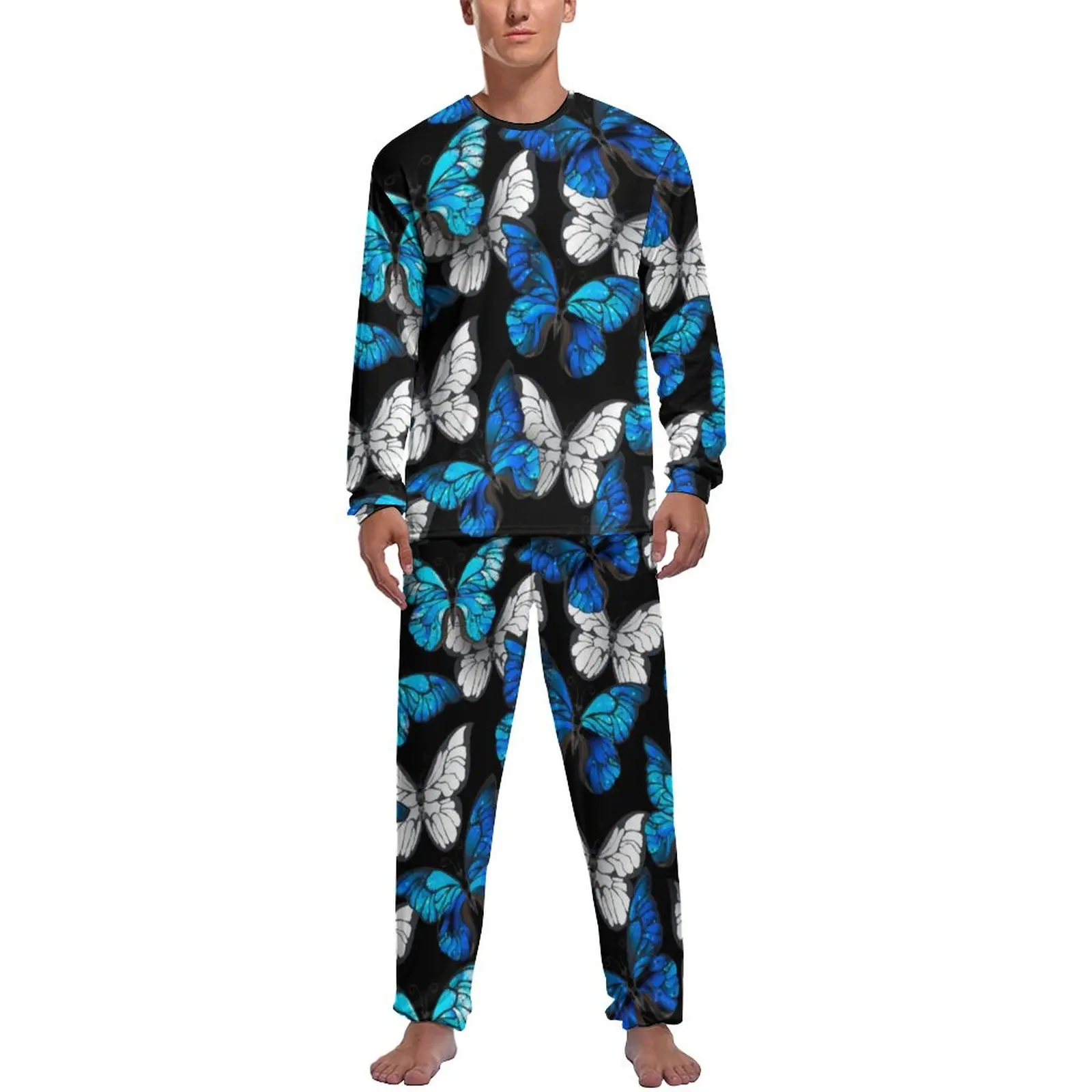 Blue And White Butterfly Pajamas Male Animal Print Cute Sleepwear Winter Long Sleeves 2 Piece Casual Custom Pajama Sets