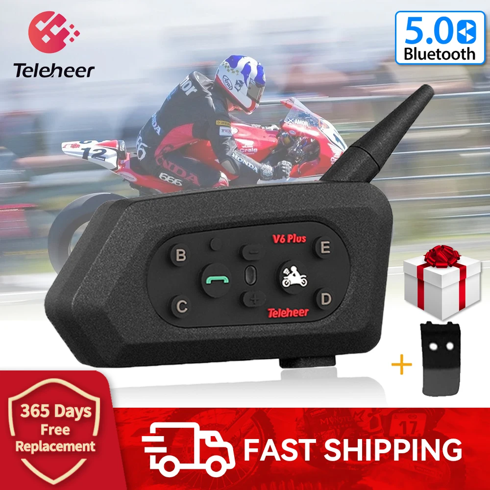 

Teleheer V6 Plus Bluetooth Motorcycle Helmet Intercom Headset Waterproof with 1500M BT 5.0 Interphone Communicator for 6 Riders