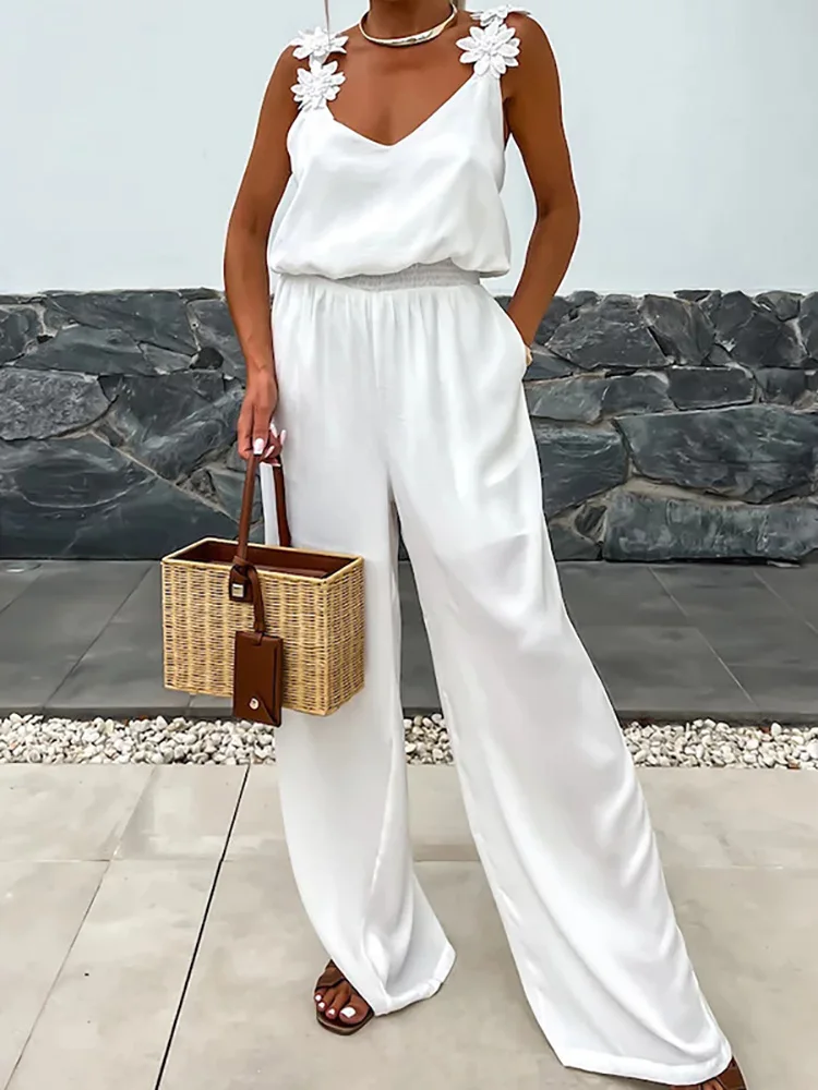 Фото Комбинезон женский с V-образным вырезом, модный простой комбинезон без рукавов, с открытой спиной, в стиле пэчворк, однотонные брюки с широкими штанинами, боди для лета №5