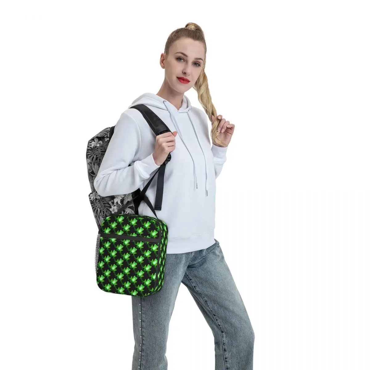 

Funny Frog Pattern Lunch Bag with Handle Cute Animals Carry Mesh Pocket Cooler Bag Beach Reusable Food Thermal Bag